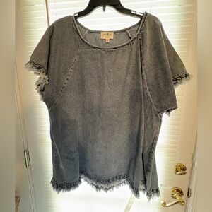 Umgee Denim Frayed Hem Blouse